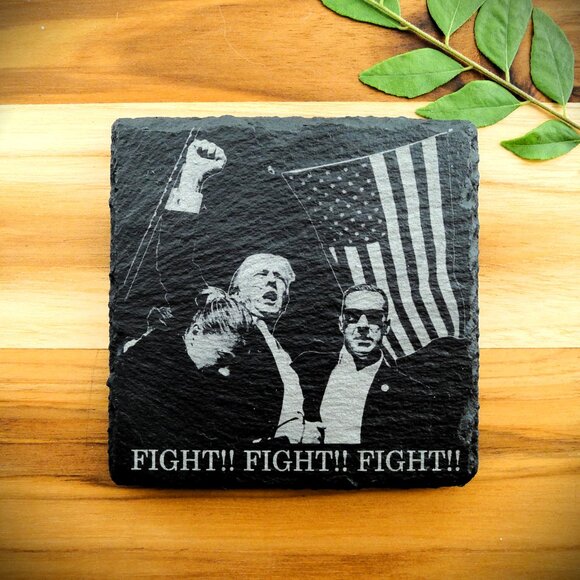 Donald Trump 2024 July 13 Assassination FIGHT Never Surrender Slate Coaster Set - Picture 12 of 15